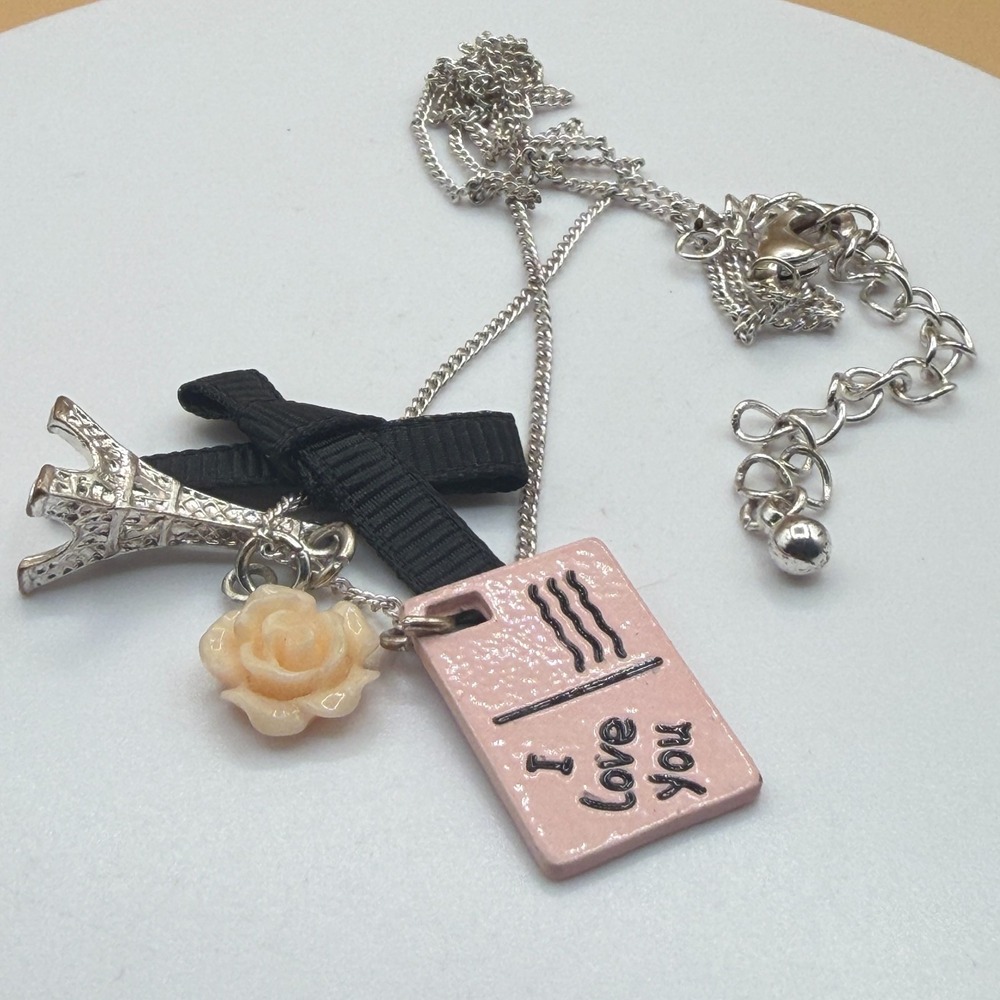 Paris Eiffel Tower Charm Necklace Love Letter Rose Bow Romantic Coquette Gift